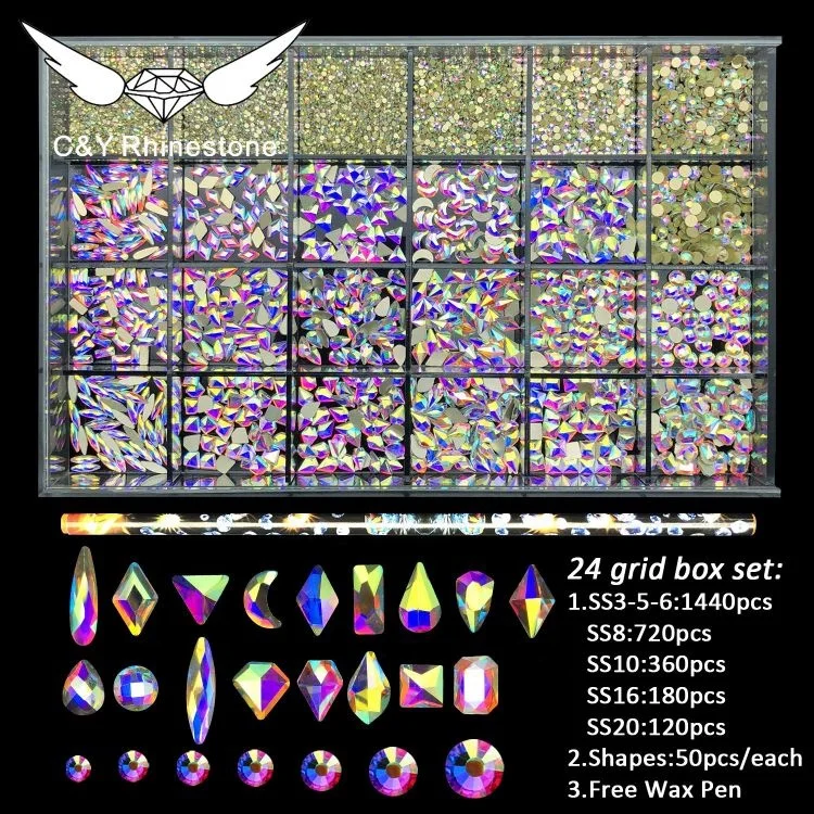CY Customization Multi Color Shape Best Selling Glass Nail Stones Crystal Size 24 Grid Rhinestone