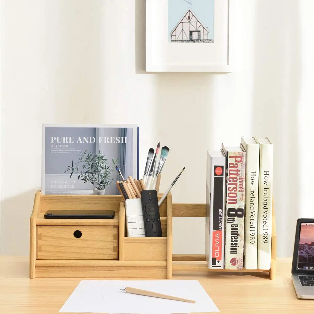 Adjustable Book Rack Desktop Organizer Book Shelves Wood Desktop Book Shelf With Drawers