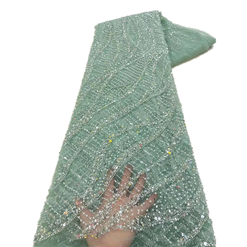 NI.AI New Fashion Beaded Lace Pearls Sequin Fabric Embroidered Sequins Stripe Lace Fabric Net Lace for Dress