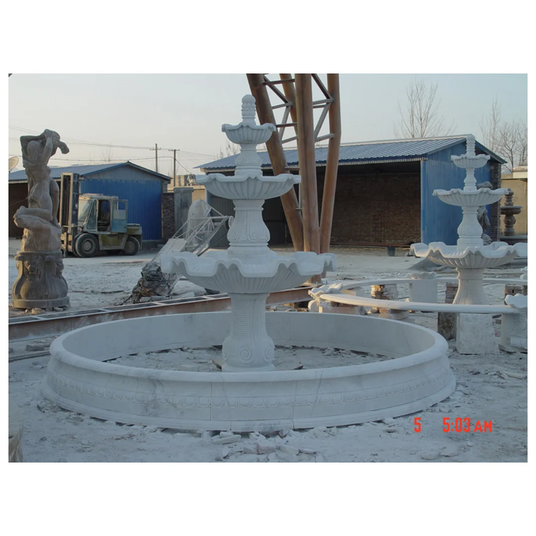 Outdoor Garden Decoration Round Luxury Flower Column stone Carved White Marble Water Fountain