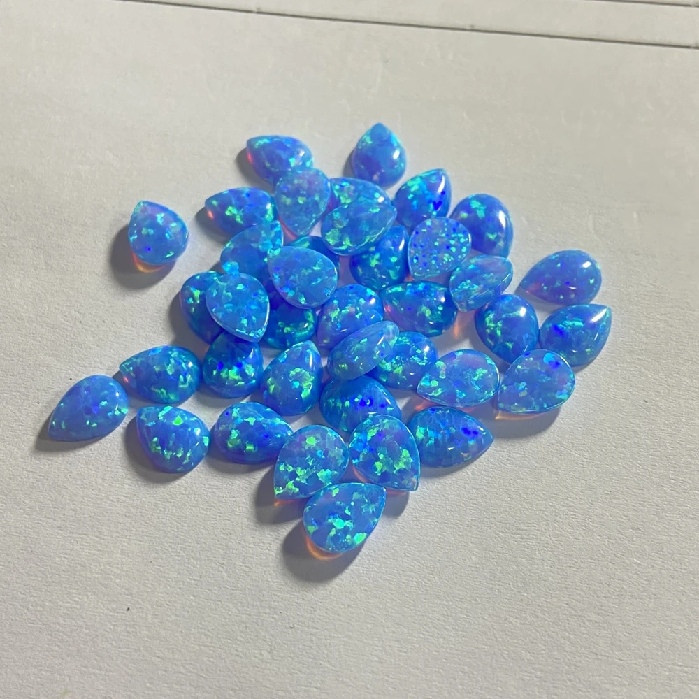 Flat Base Pear Shape White Synthetic Fire Opal Cabochon Gemstone for Earring Jewelry