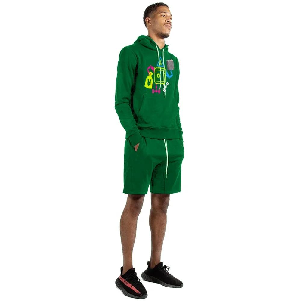 New design OEM Wholesale Summer hoodies gym Fitness mens hoodie short set  robot sweatsuit mens streetwear sets