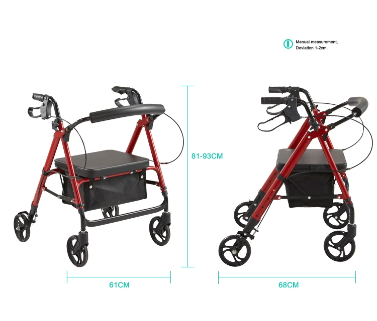 Red colour height adjustable aluminium rollator walker with handle and brakes