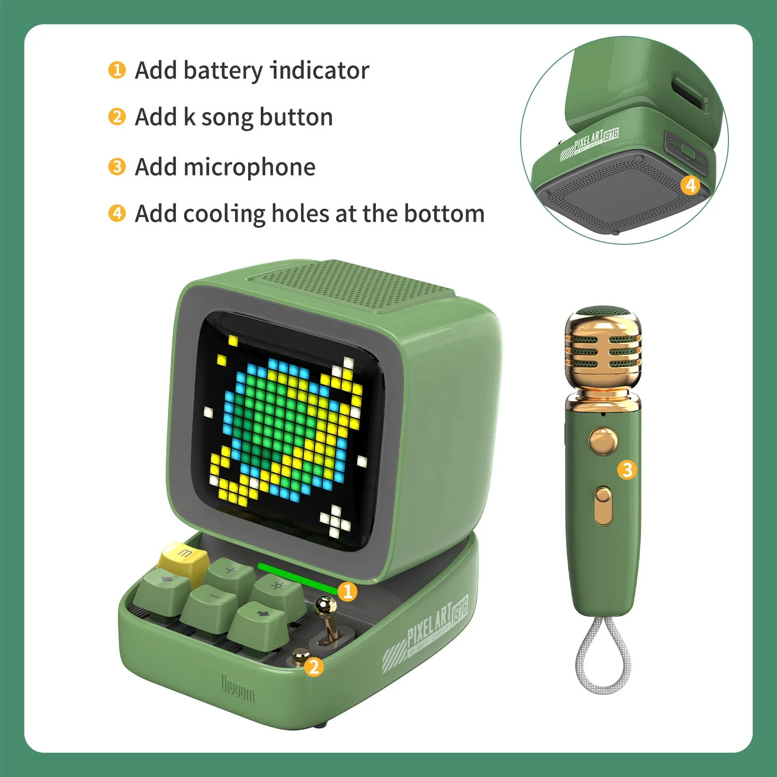 Ditoo-Mic Pixel Art Portable Bluetooth Speaker for PC with Wireless Karaoke Microphone, Bluetooth 5.0, Retro Design