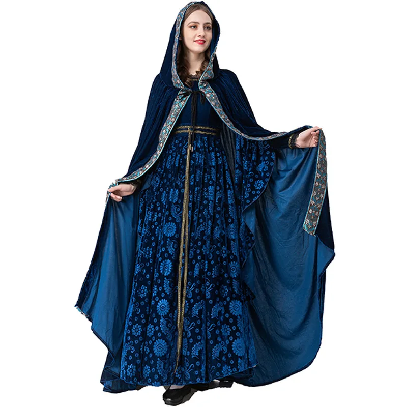 Medieval Cape Costume Renaissance Dark Blue Dress Victorian Cosplay Retro Gown with Hoodie Cloak
