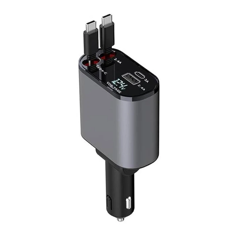 2024 New Retractable Car Charger 4 in 1 Fast Charging Car Phone Charger 66W 180 Degree Rotary Adapter with 2 Cables Charger