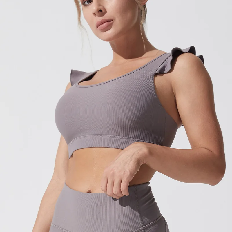 Sweet Elegant Sleeveless Nylon Spandex Sports Ruffle Yoga Top Workout Bra