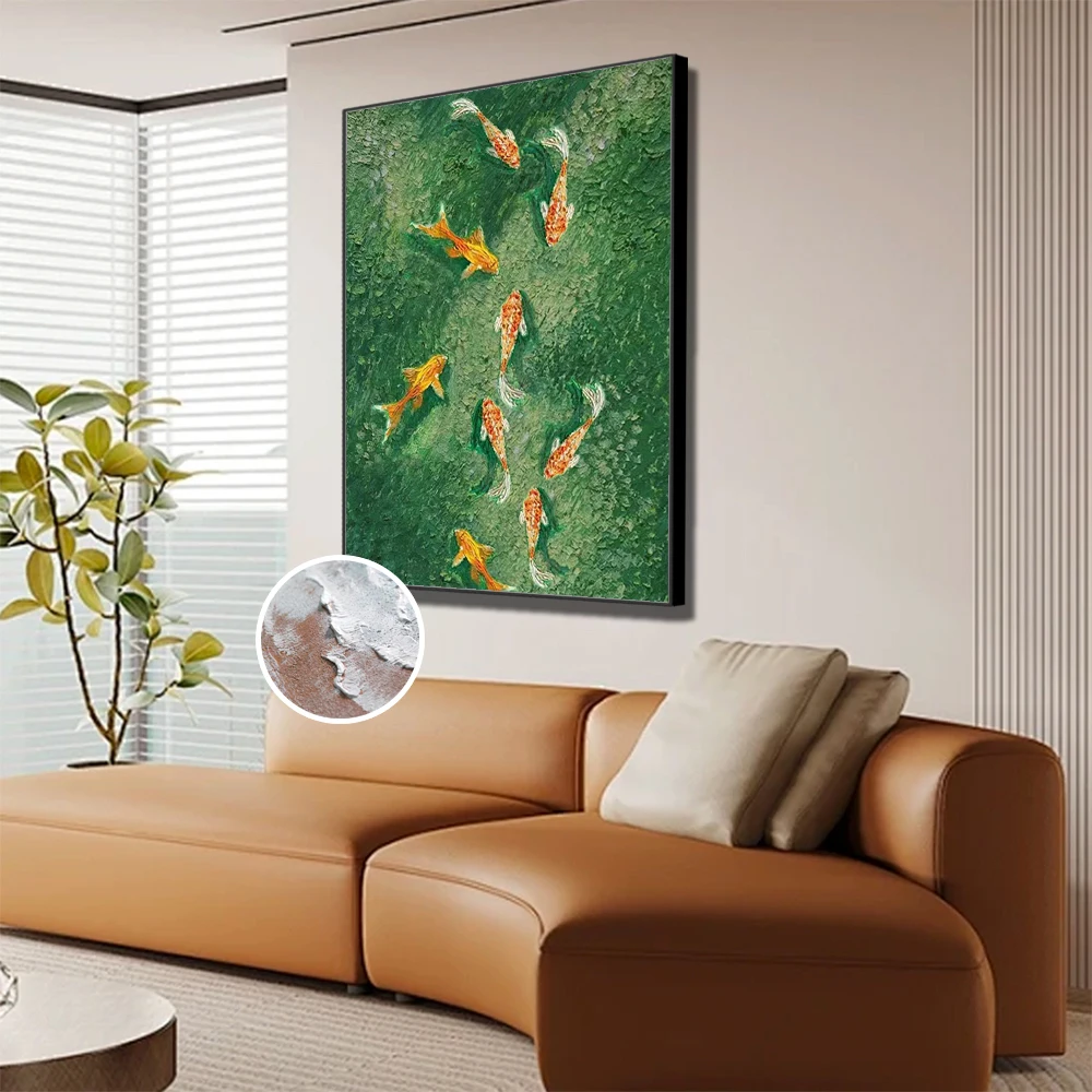 100% Authentic Handmade Abstract Oil Painting Green Theme Goldfish in Fish Pond Home Wall Art Decoration