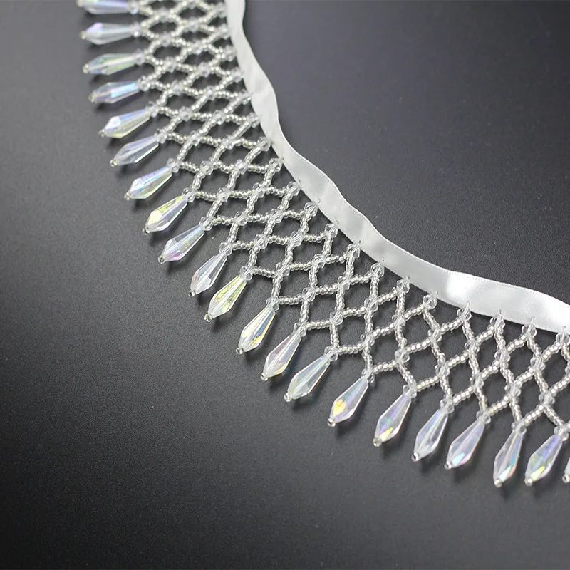 LS983 Hot Sale Fashion 5 CM Iridescent Glass Crystal Beaded Lace Trim Mesh Weaving Fringe Tassel Trim