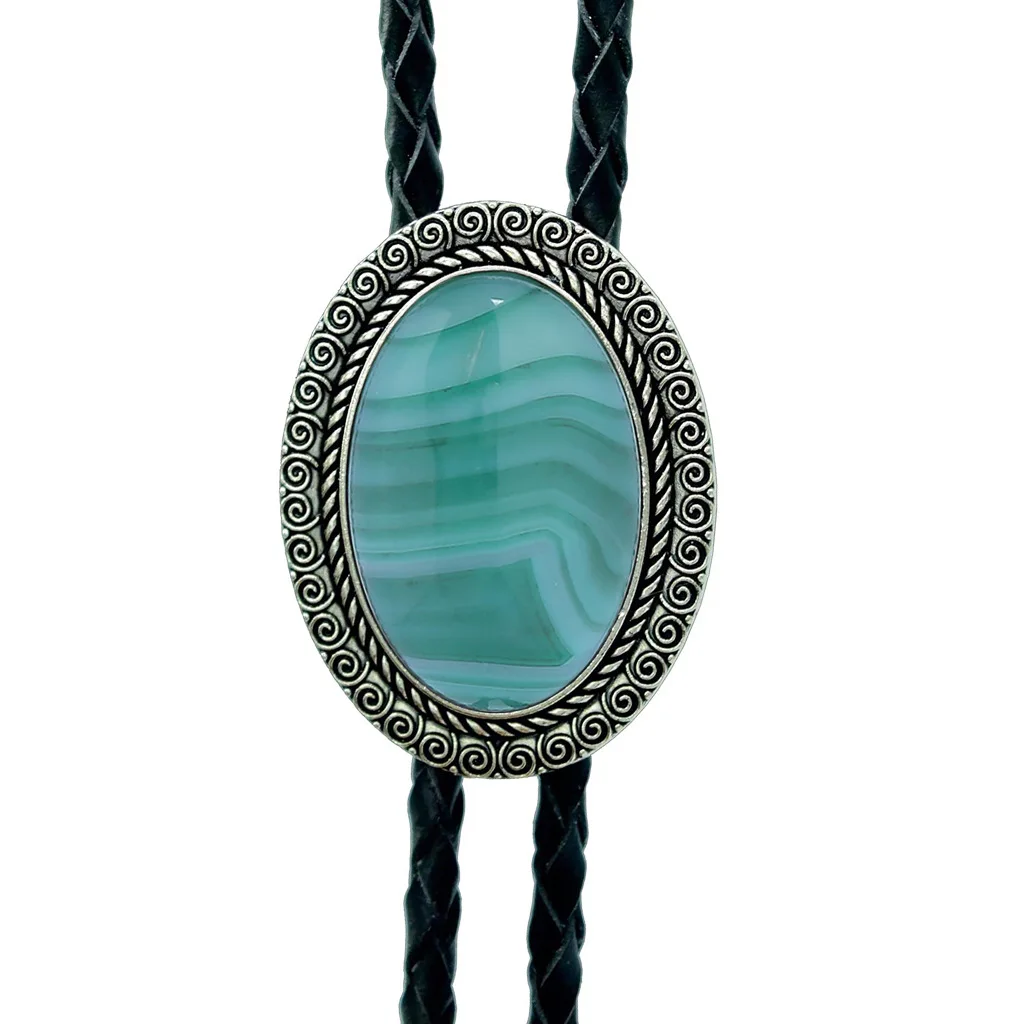 Bolo Ties Wholesale Turquoise Jewelry Western Cowboy Necktie Celtic Oval Nature Agate Leather Rope Bolo Tie For Man