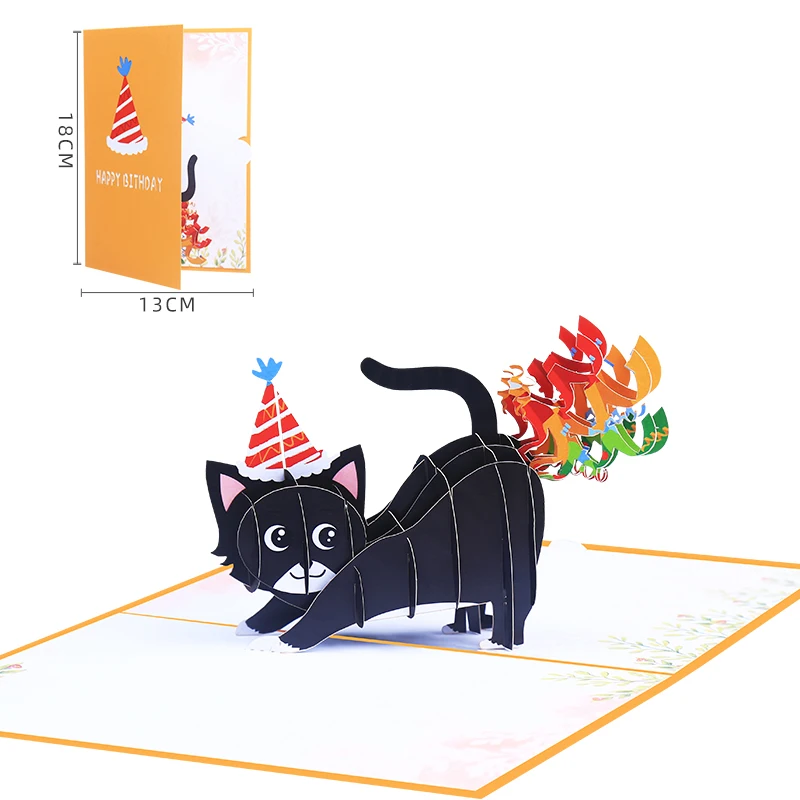 Manufacturers supply  Cute Cat Happy Birthday Greeting Invitation Cards With Envelope Postcards 3D Black Party Supply Gift