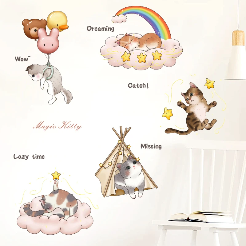 Cartoon magic kitty cute cat sticker Kids room rainbow wallpaper for baby room decoration