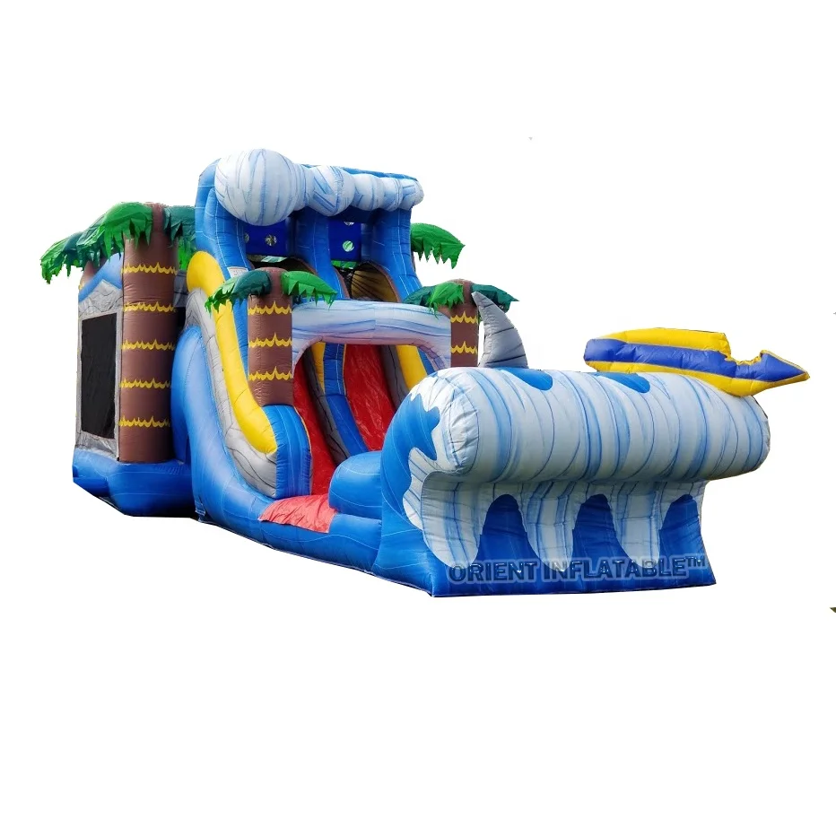 Commercial Shark attack inflatable bounce house with palm tree water wave slide n pool