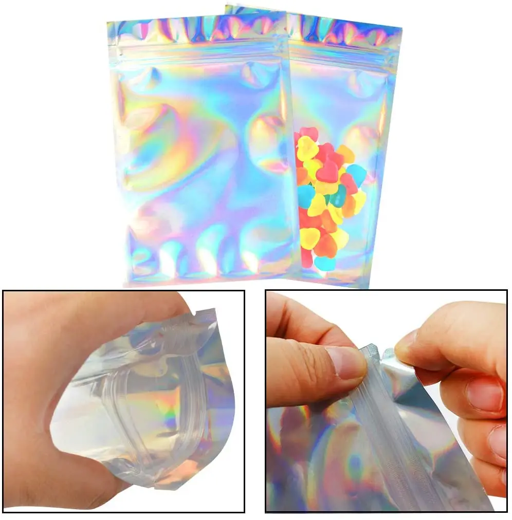 
Rainbow Color Holographic Mylar Bag Smell Proof Resealable Ziplock Packaging Bag for Food Storage 
