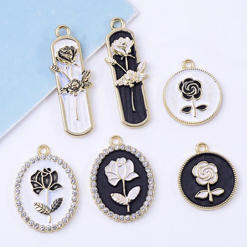 Black and white rose alloy oil dripping pendant diy jewelry earrings necklace key chain accessories