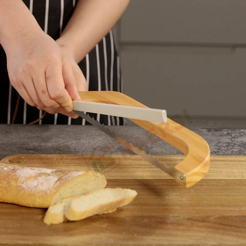 High Quality Wooden Bread Bow Knife Serrated Bread Knife Comfortable Oak Wood Handle Bow Knives Bread Slicer