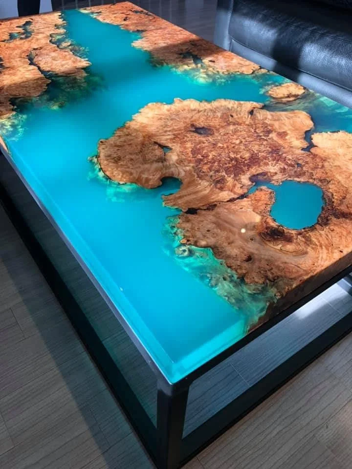 Personalized Height Adjustable Ocean Resin Epoxy Table Sea Design Blue Epoxy Dining Table Live Edge Coffee Table