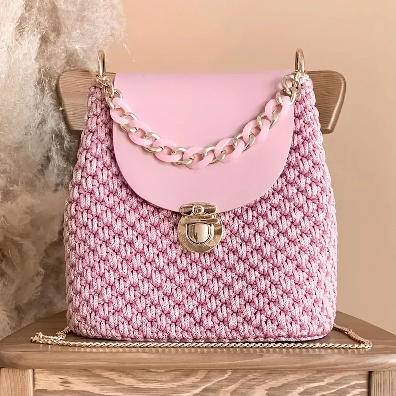Custom Design Hand Knitting Shoulder Crochet Tote Bag Women Lady Pink Handmade Checkered Crochet Tote HandBag