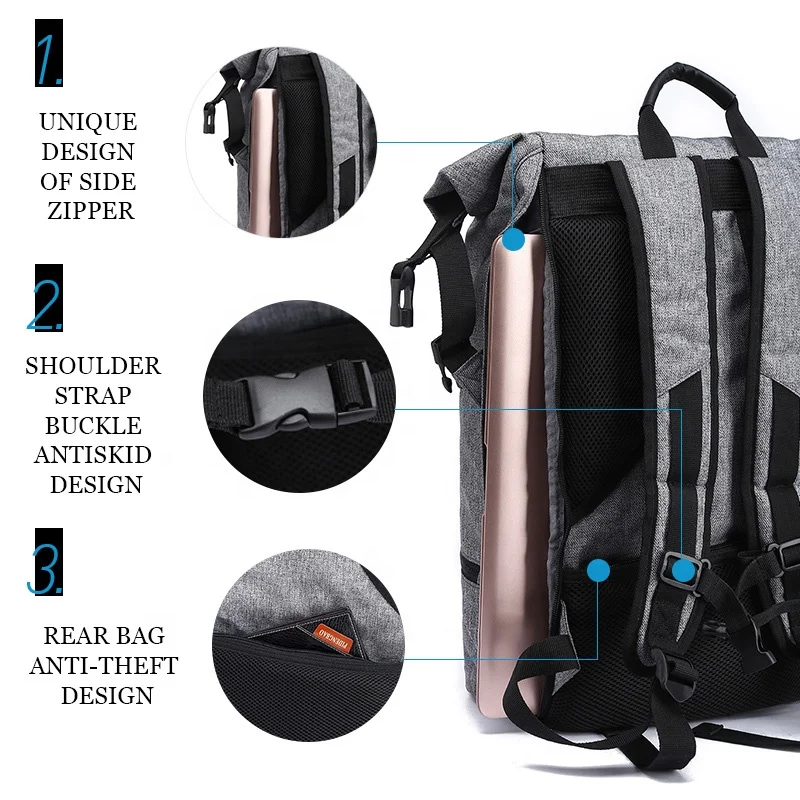 
Foldable sports fitness laptop backpack with shoes compartment roll top rucksack 