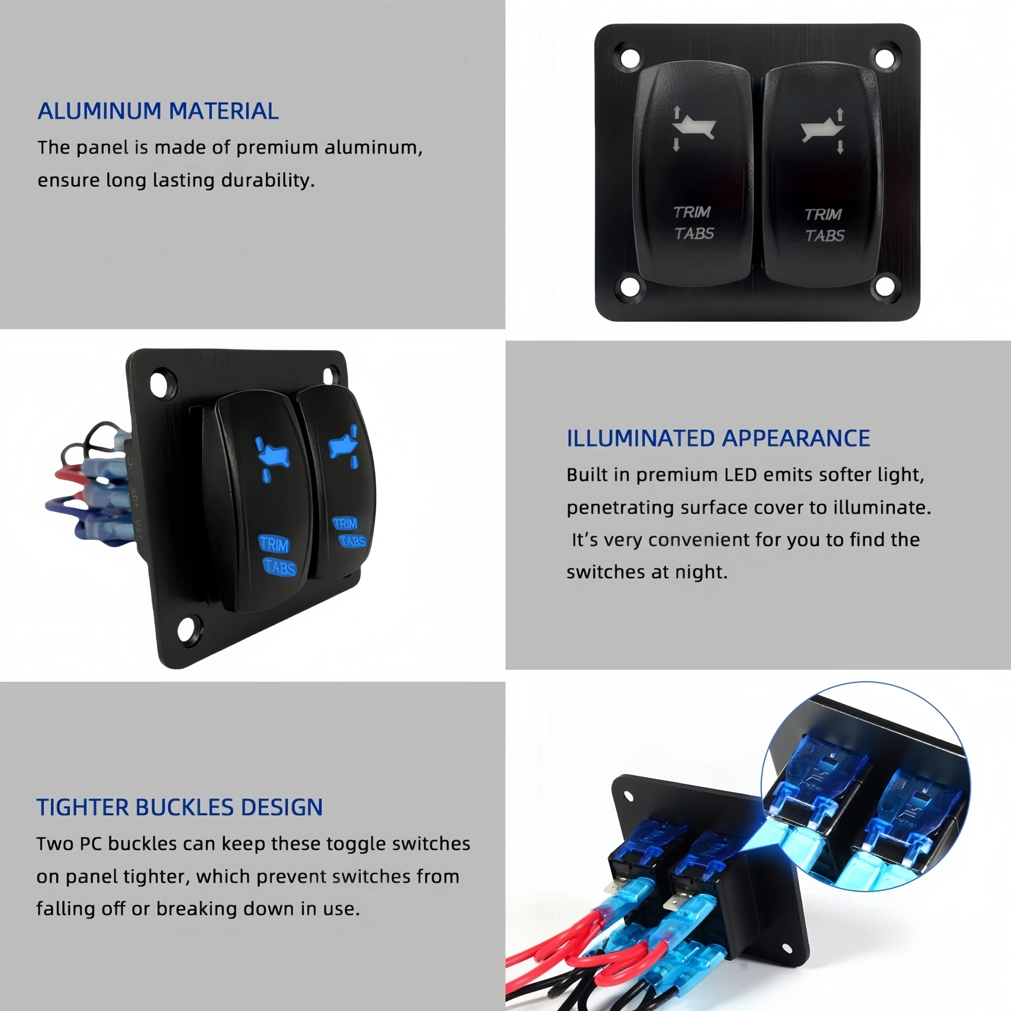 Trim Tabs Rocker Switch Panel 12v 20amp 10 Pin 3 Position ON-Off-ON Marine Boat Trim Switch 2 Gang Momentary Toggle Switch Panel