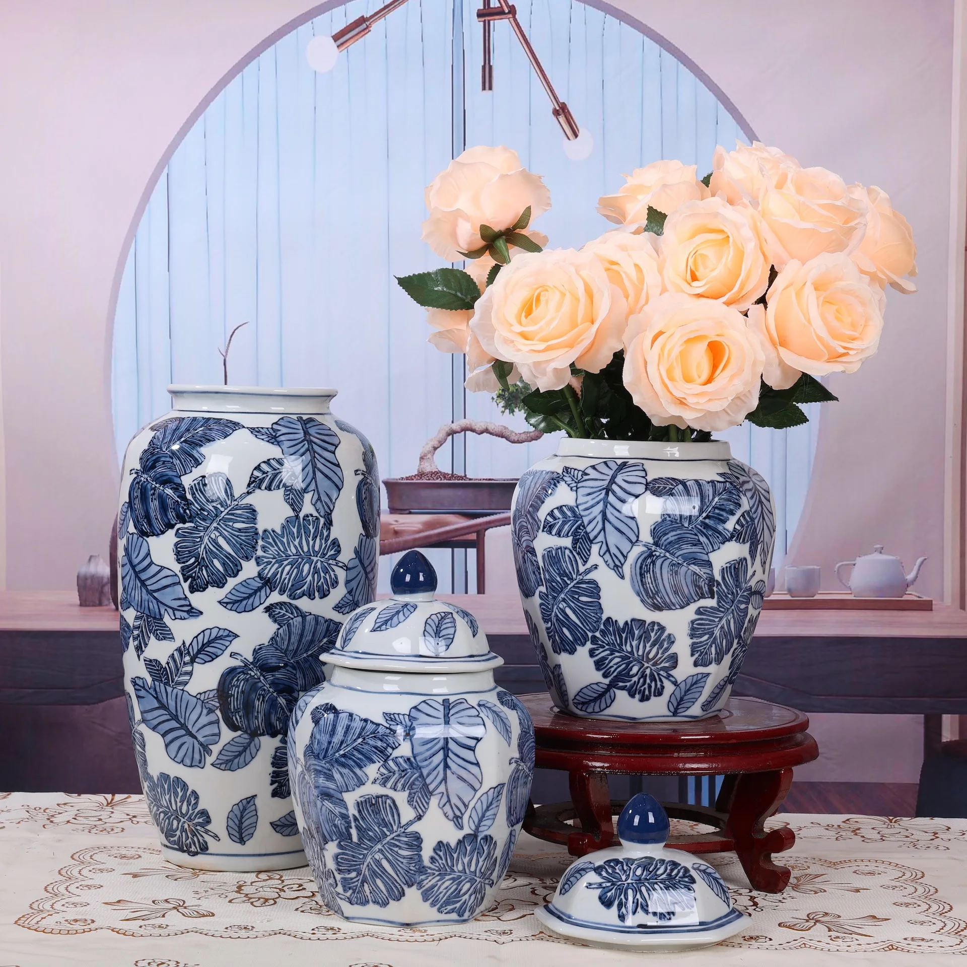 Jingdezhen High-Temperature Luxury Ceramic Vase Chinese Banana Blue White Porcelain General Jar Home Ornament