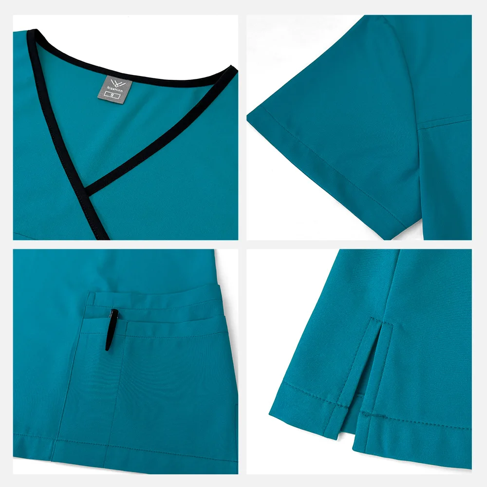 New design v neck unisex medical surgical uniforms set mens workwear stretch working staff uniforms with logo custom