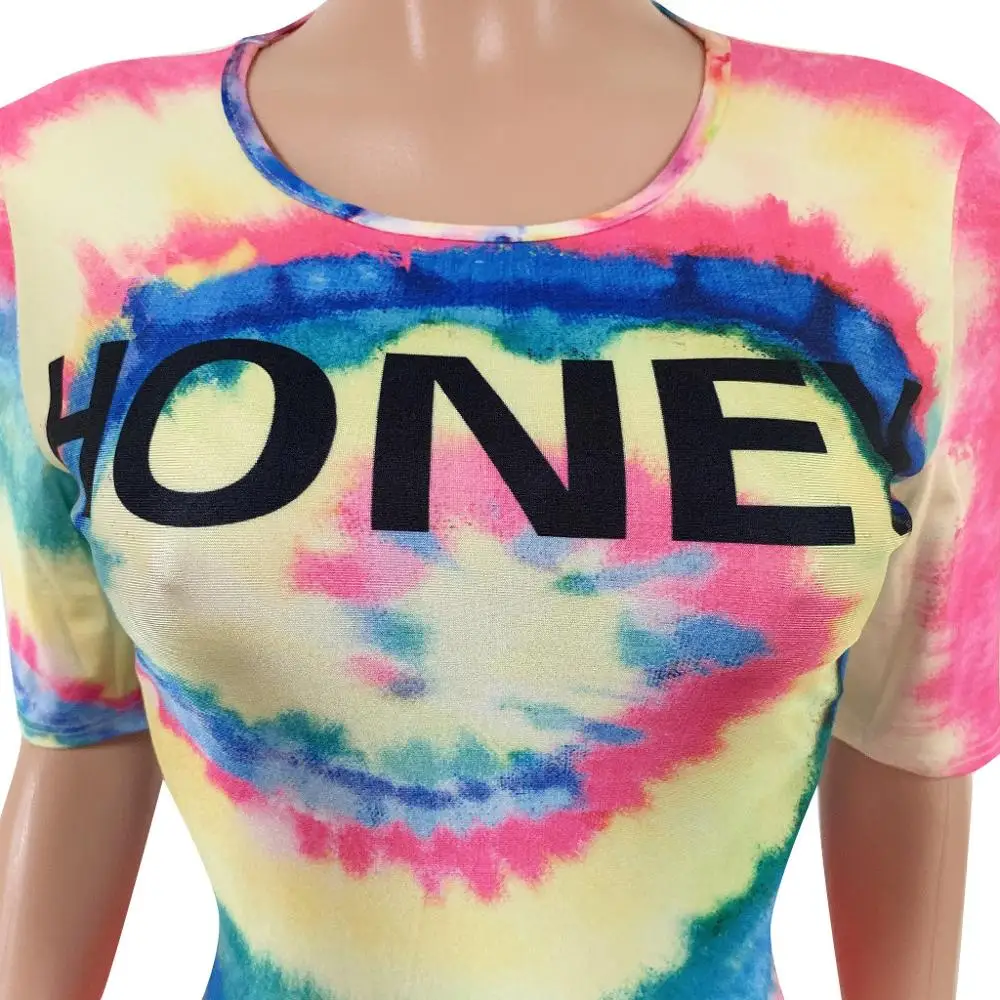 
Tie Dye Ombre Colorblock Half Sleeve Dress Women Casual Bodycon Mini Dress Honey Letter Print Dress 