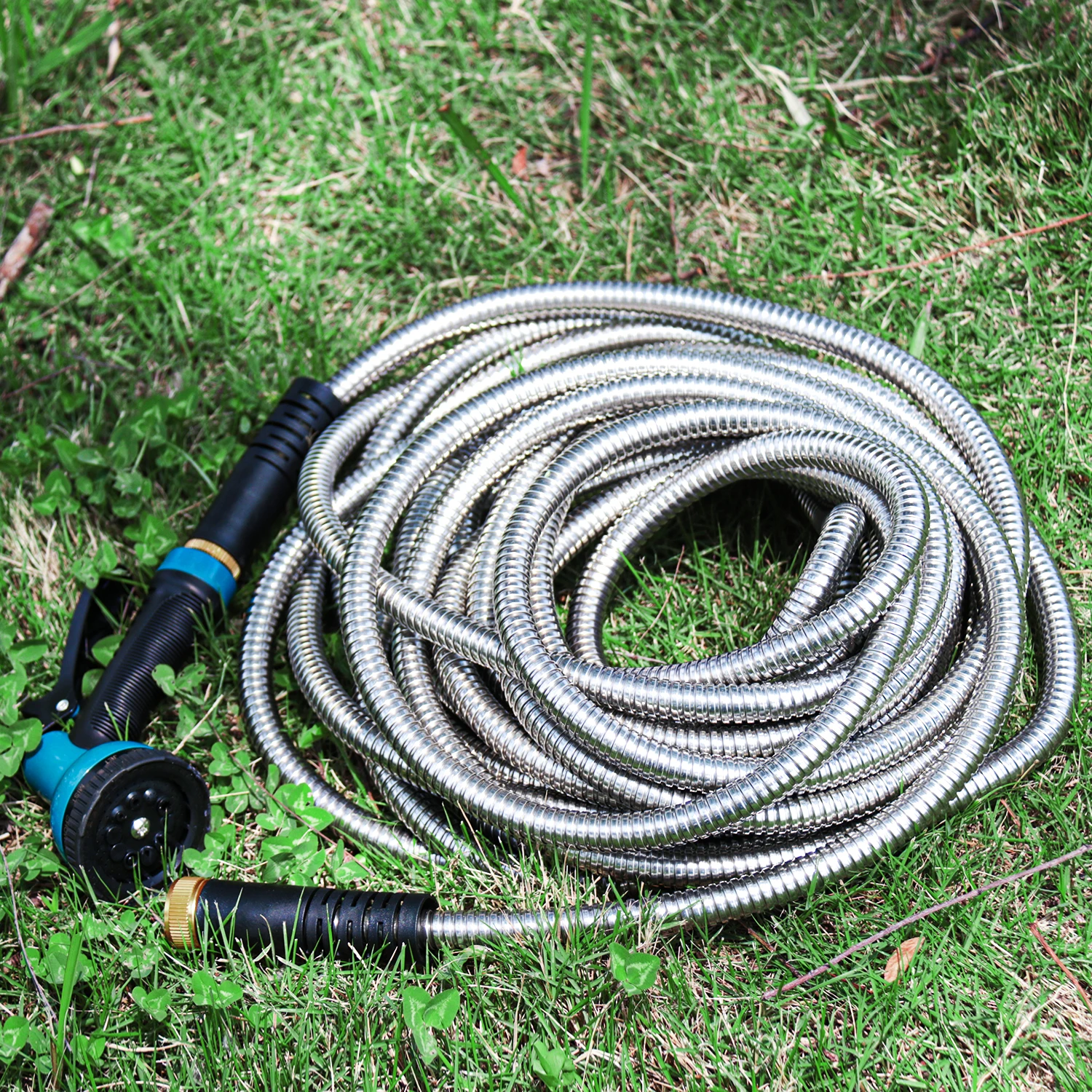 50FT Garden Hose Water Hose 304 Stainless Steel Metal Hose with 10 Function Nozzles, No-Kink Rust Proof, Easy to Store