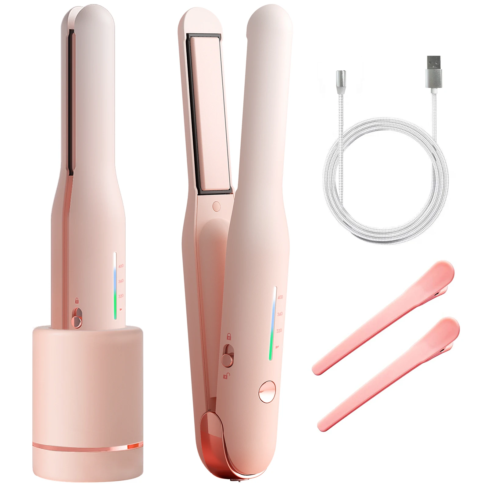 Portable USB Rechargeable Hair Straightener Custom Pink Wireless Professional Ceramic Cordless Mini Ionic Flat Iron Device Tool