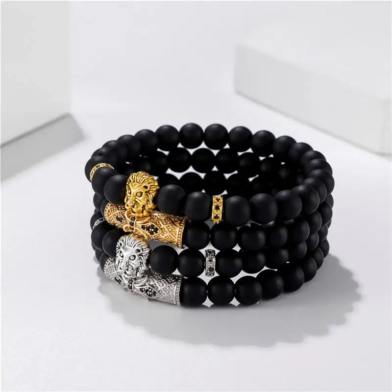 Classic 2pc/set Stretch Black Natural Stone Beaded Bracelet Mens Pave Zircon Cz Ball Skull Lion Charms Bracelets Jewelry Set