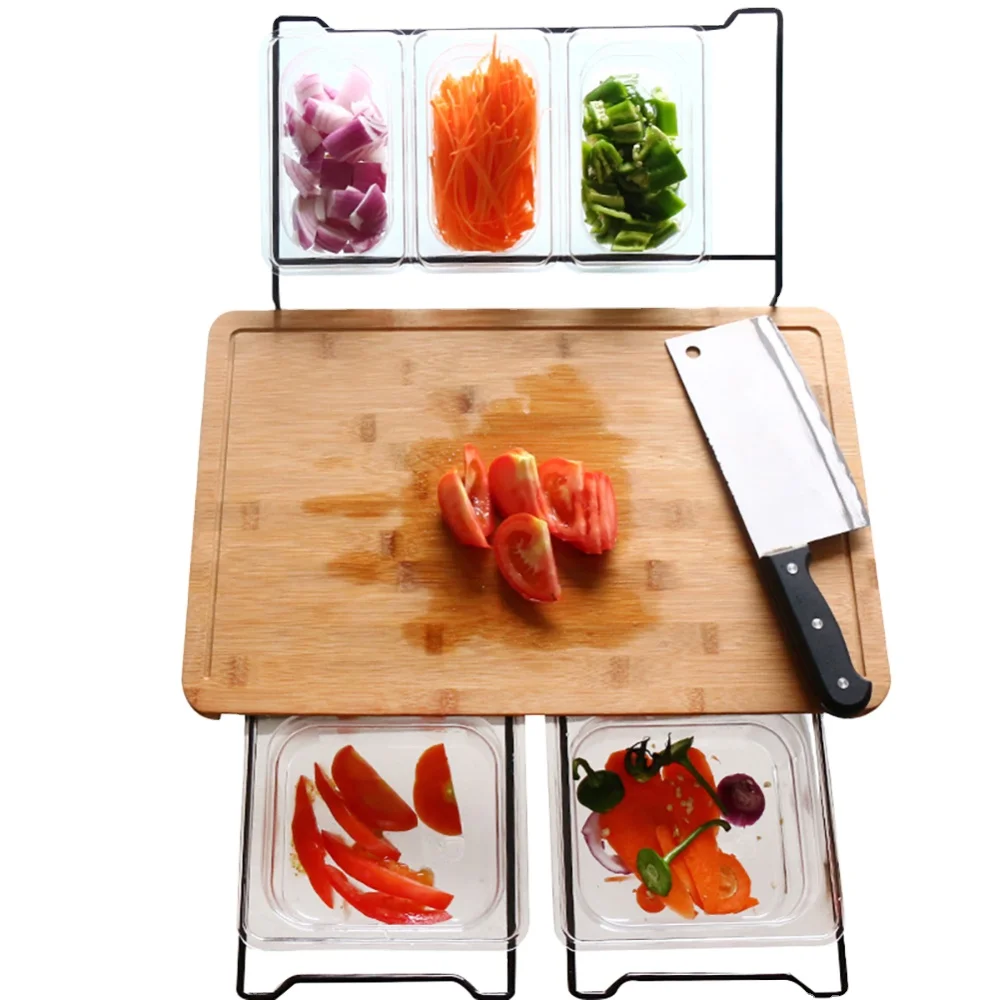 Multifunctional Bamboo Cutting Board Chopping Board with 5 Storage container Racks Kitchen Wood Food Plate