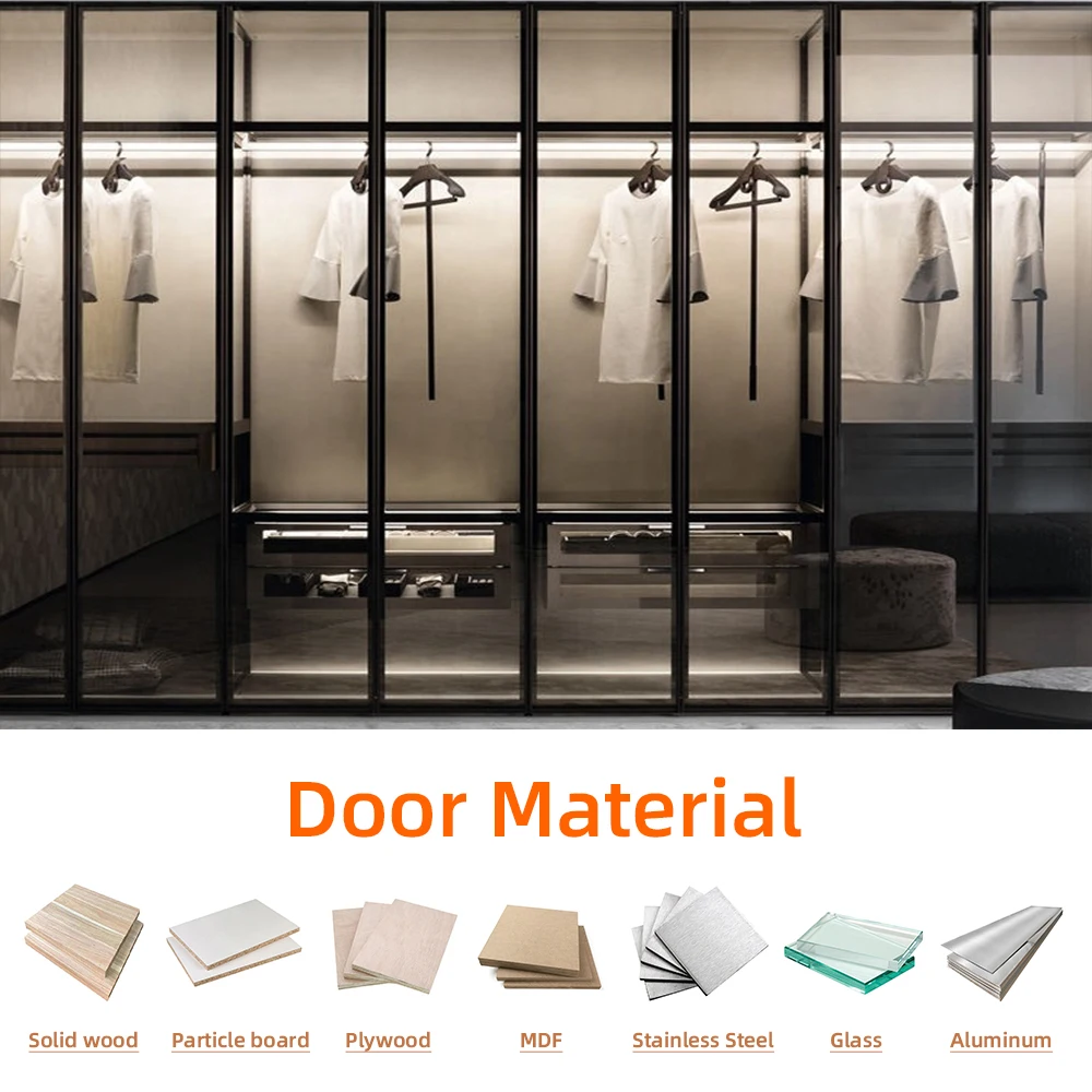 Hot sales customized black opened style pole system transparent simple designs bedroom glass door wardrobe