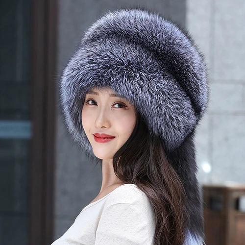 Fashion Russian Raccoon Fur Silver White hats For Women Ladies Winter Plush Fox Fur Hat with Tail