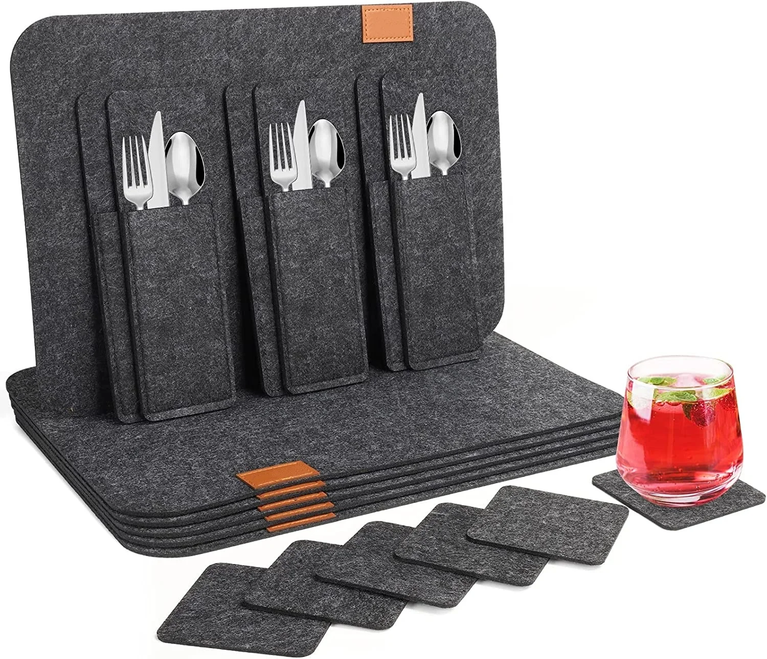 18 Pack Felt Placemat Set 6 Pieces Rectangle Felt Placemats with 6 Pieces Square Felt Coasters and 6 Pieces Felt Cutlery Bag