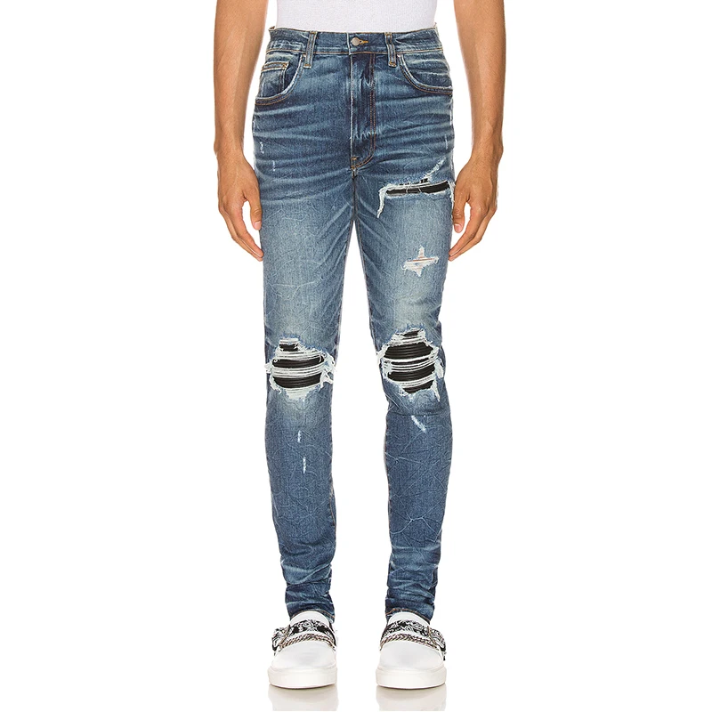 Fashionable Zipper Ripped Leather Stitching Washing Craft Slim Fit Jeans For Men