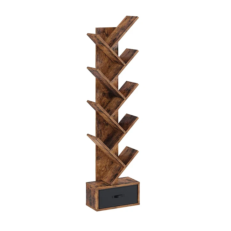 Vekin modern 9 tier industrial wooden ladder bookcase display tree branch shaped bookshelf with drawer