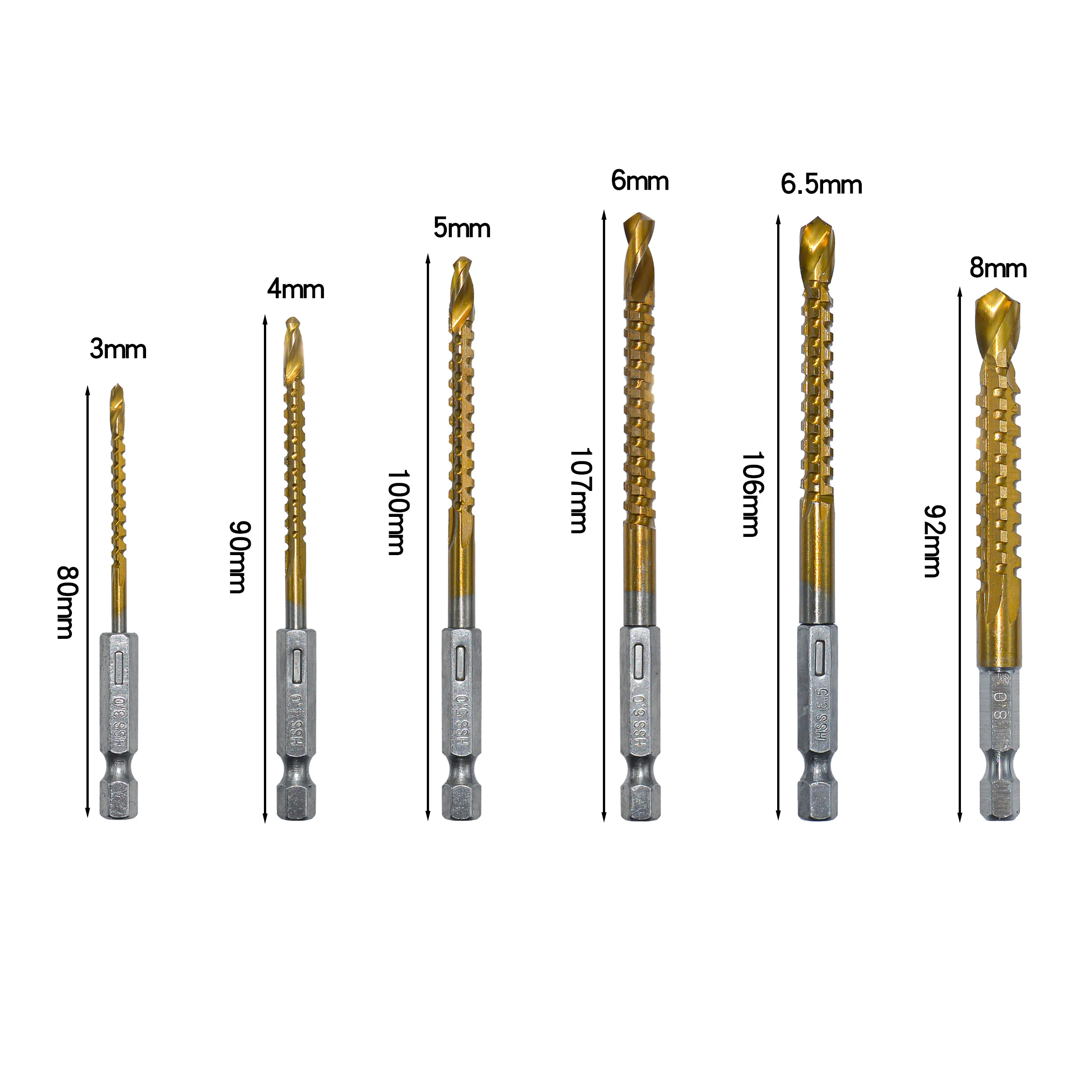 6PC 3/4/5/6/6.5/8mm Hex Shank Grooving Side Cutting Split Tip Spiral Serrated Belt Saw Drill Bit