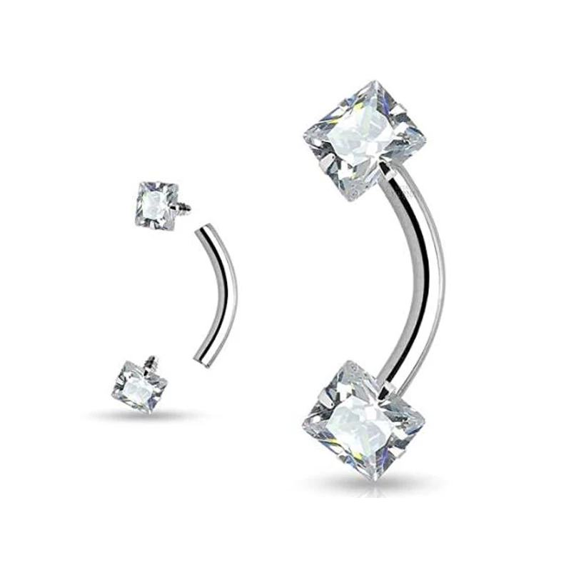 ASTM F136 Titanium Internally Threaded with Prong Set Square CZ Ends Eyebrow Curved Barbells Body jewelry