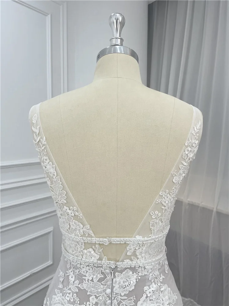 Women Mermaid Sleeveless Sequins Lace Champagne Detachable Belt Wedding Dress