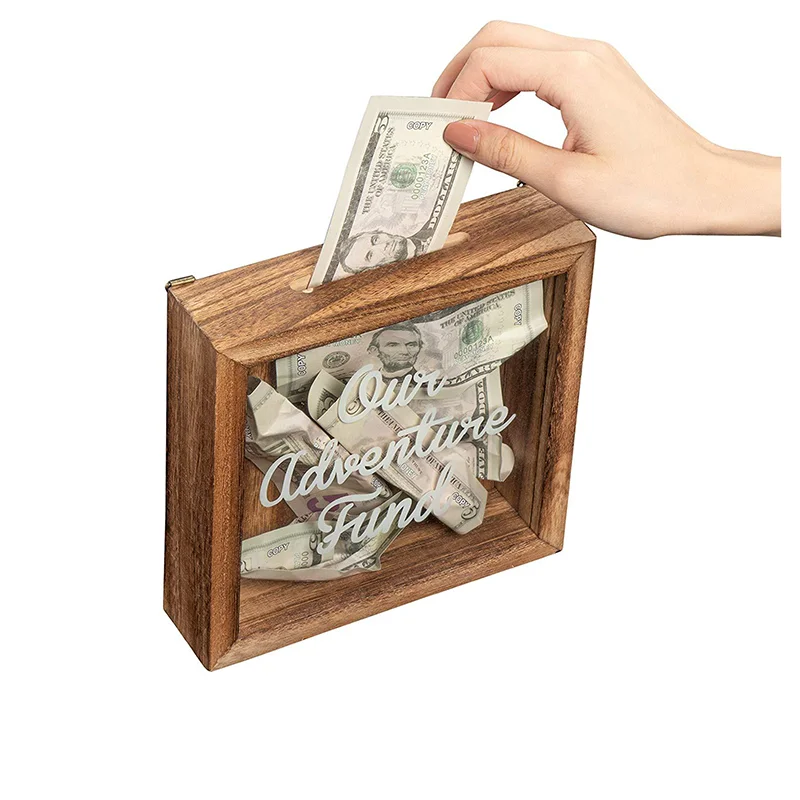 Vintage Home Decoration Children Transparent Glass Cover Wooden Frame Shadow Piggy Bank Money Saving Box for Kids