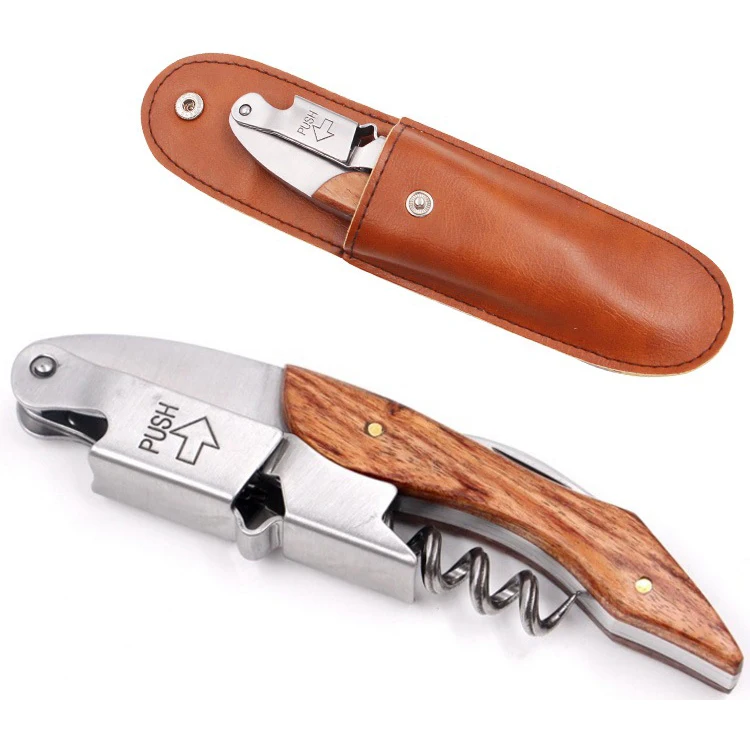FOCSTAR Stainless Steel Wood Handle Wine Corkscrew Bottle Opener in Pouch Case (PM1005)
