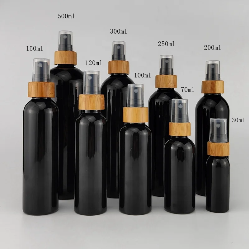mist sprayer black plastic PET bottle 50 ml 60 ml 100 ml 150 ml 200 ml 250 ml 300 ml 500 ml cosmetic bottles bamboo spray bottle
