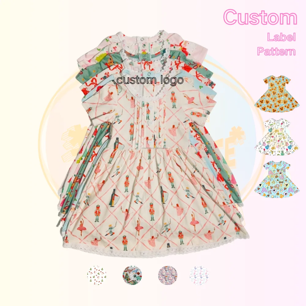 Customized Christmas Cotton Girls Lace Short Sleeve Boutique Toddler Dresses 2-12 Children Clothing Girls Baby Dresses