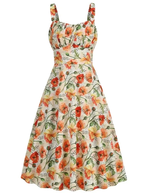 Orange floral dress, sleeveless, halter neck, autumn color, high waist design, natural style