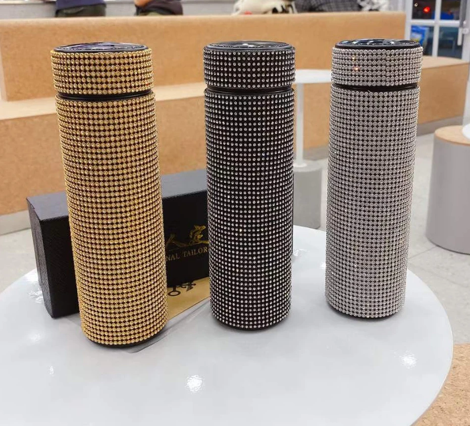 500ml Fashion Rhinestone Diamond Crystal Stainless Steel Water Bottle Flask Mug Smart Temperature Display Lid Gift Cup women