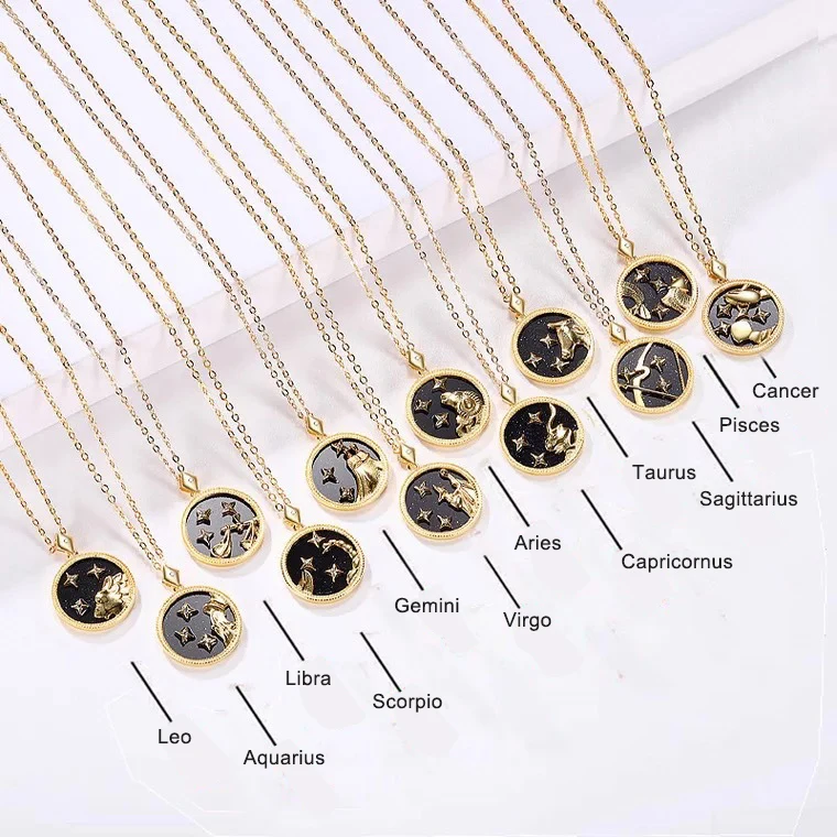 18K Gold Plated Coin Zodiac 12 Con-stellation Carved Logo Astrology Pendant Chain Personalized Simple Jewelry Necklace