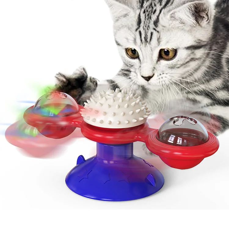 Interactive Windmill Cat Toys Spinner Suction Cup Cat Toy with Hair Brush Turntable Massage Scratching Tickle for Kitten Kitty