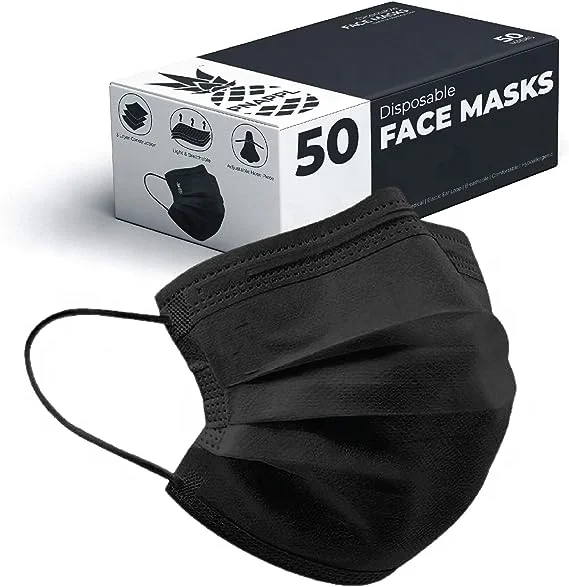 Black Disposable Face Masks 3 Ply Face Mask with Elastic Earloops Nose Clip Comfortable Breathable Non woven