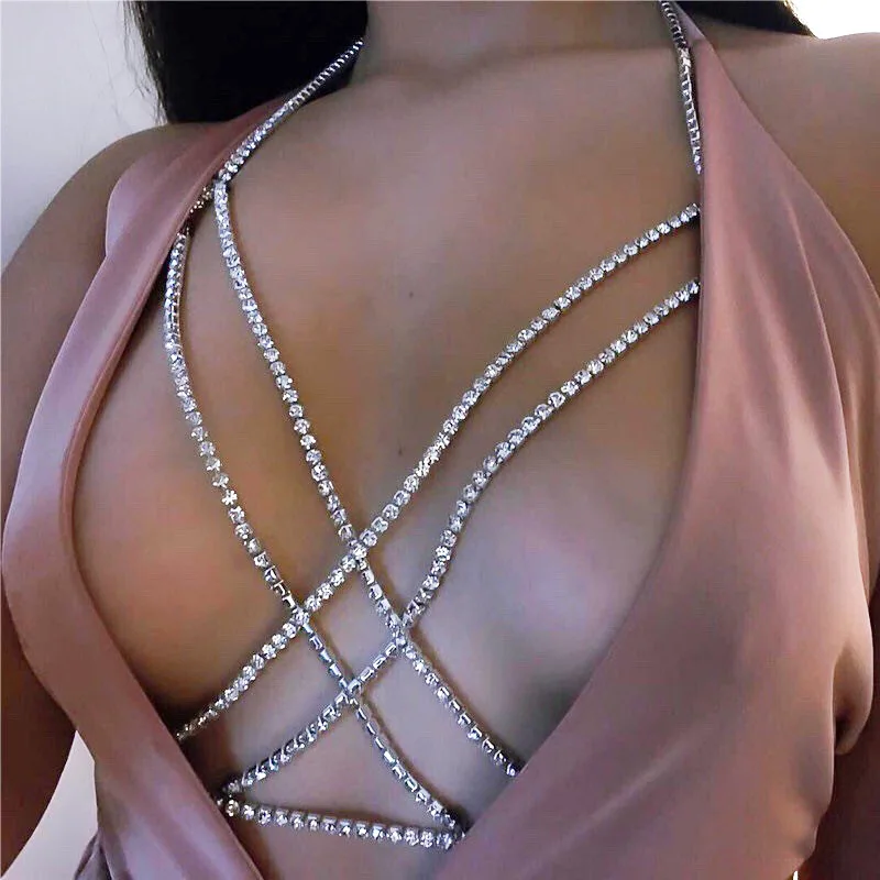 Women Sexy Crystal Rhinestone Cross Chest Boob chain Bra Outfit Double Layered Harness Bikinis Decor Breast Body Chain Jewelry