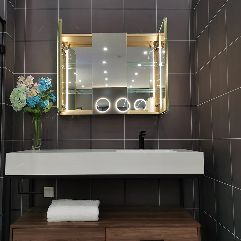 Factory customized 1,2,3 doors tempered glass led medicine cabinets Vanity touch sensor CCT 3 lights bathroom mirror cabinet